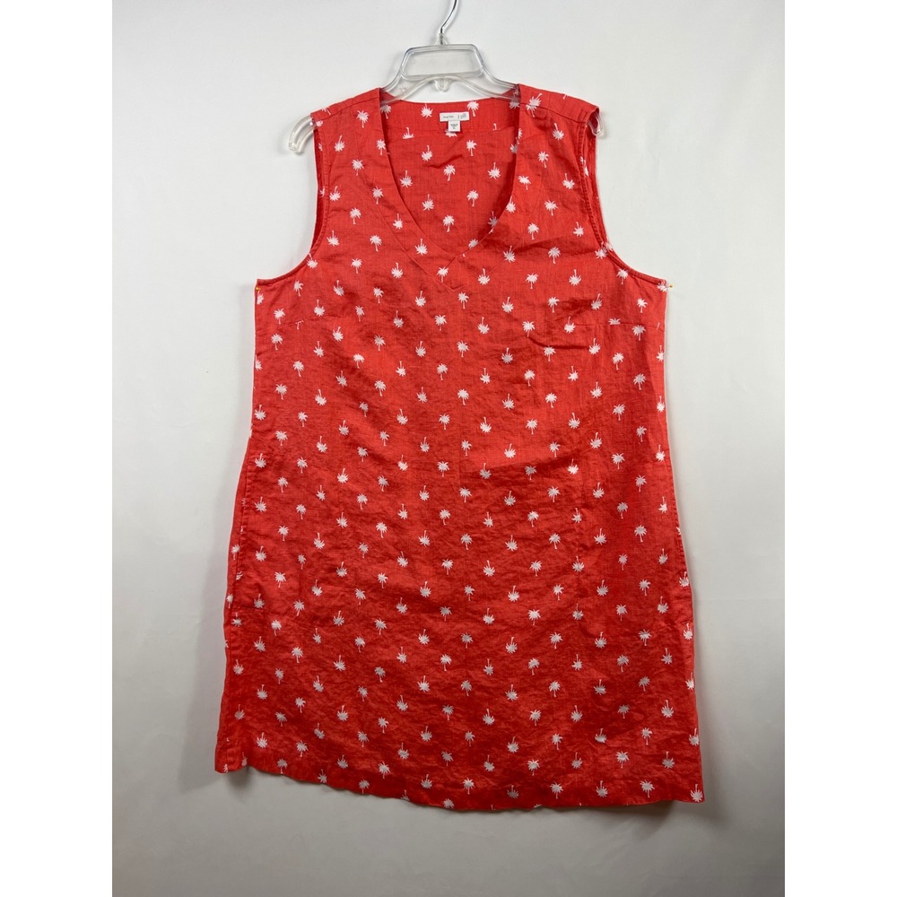 J Jill Shift Dress Womens XL Coral Palm Tree Linen Sleeveless V-Neck Pockets